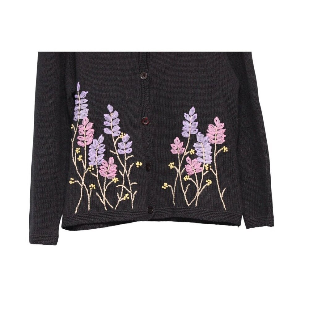 Vintage 90s Cardigan Sweater Size Large Floral Embroidered Grandmacore Ramie - Picture 3 of 14